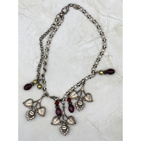 Chicos‎ Floral Rhinestone Statement Necklace 17" Extender Enamel Leaf Silvertone - Picture 8 of 15